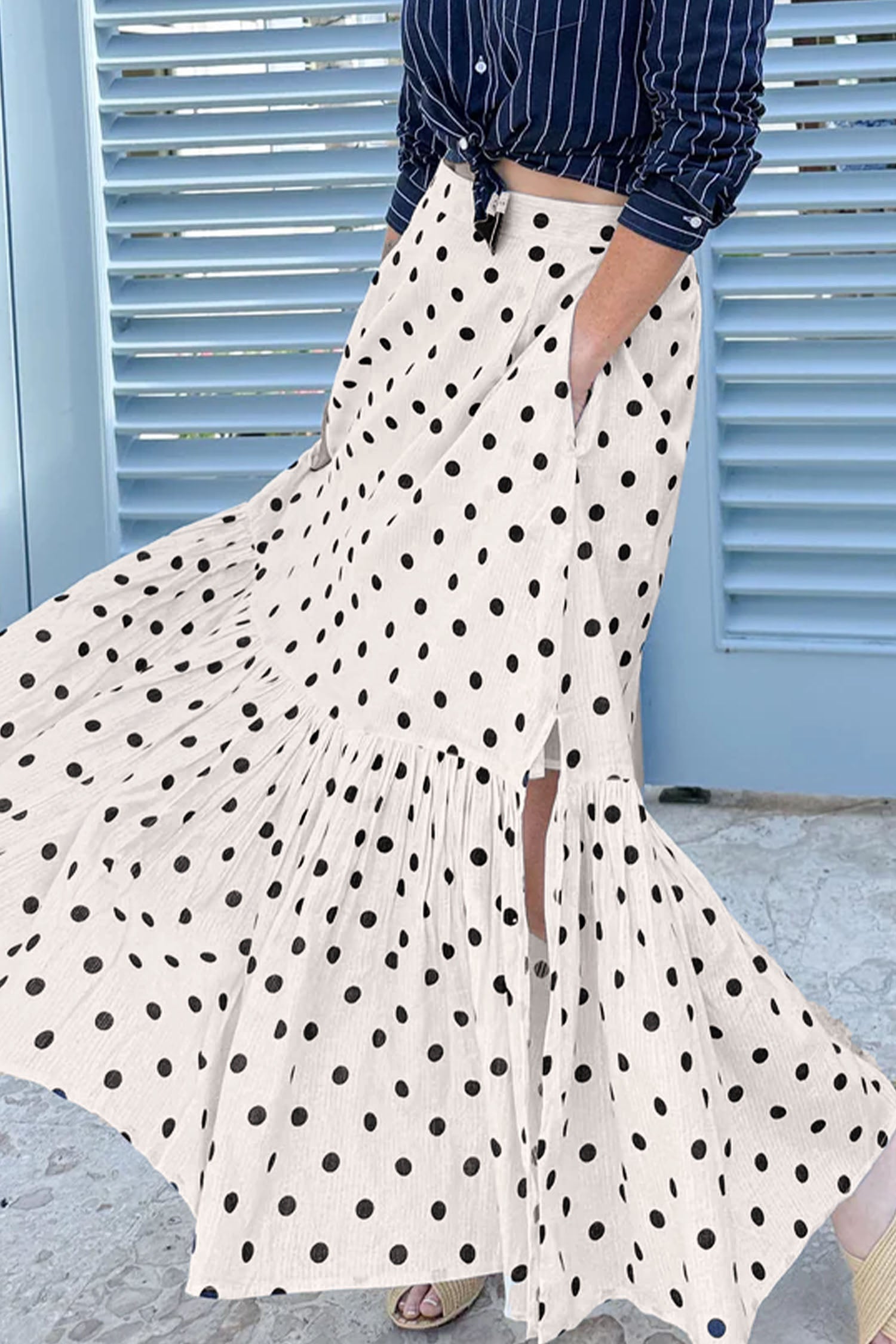 Polka-Dot Maxi Ruffled Slit Skirt in White