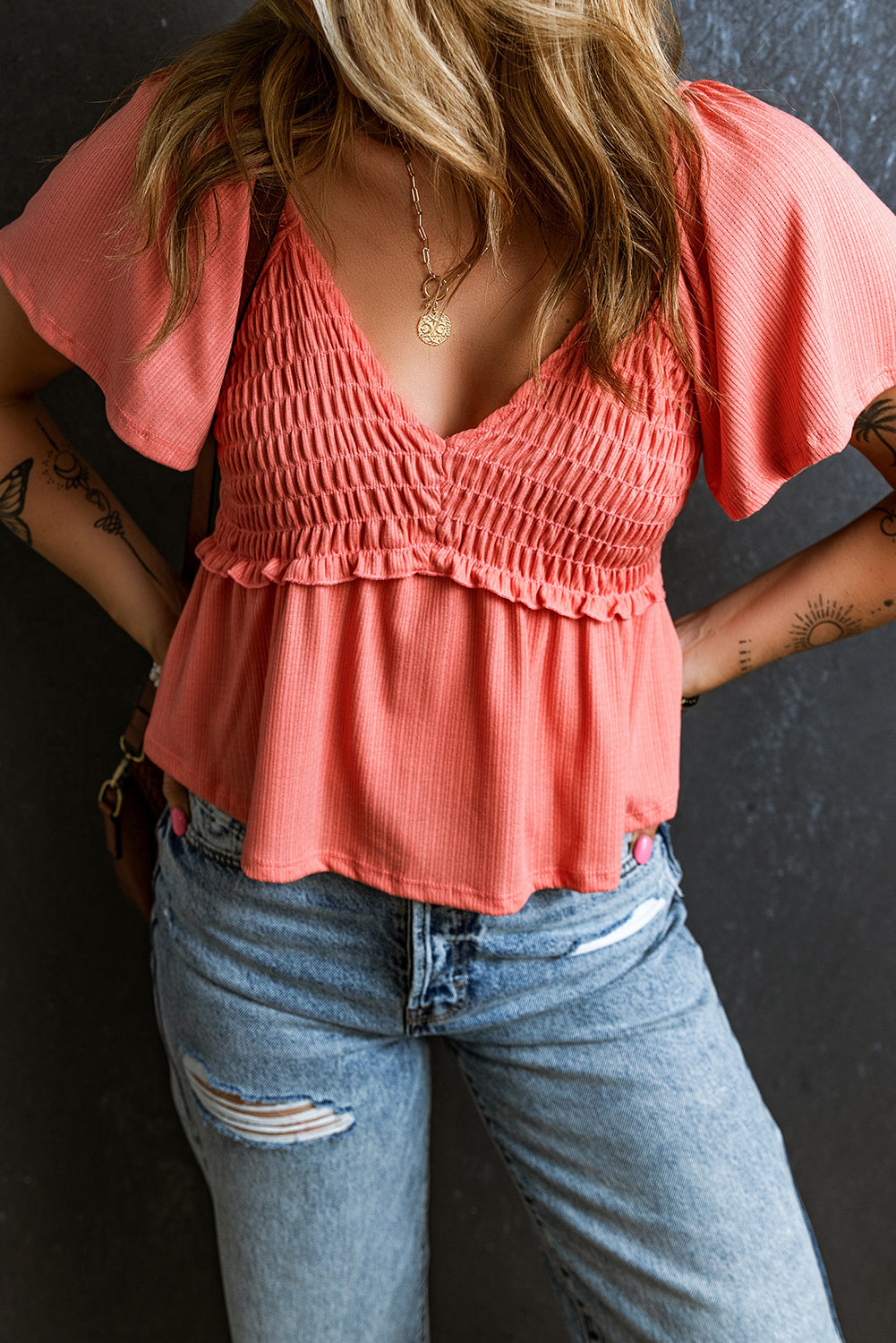 Women's Shirred V Neck Short Flutter Sleeve Textured Blouse
