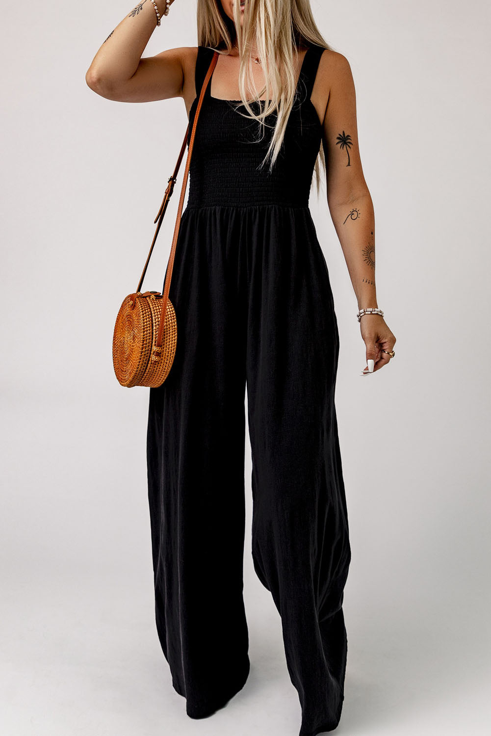 Women's Leg Jumpsuit Featuring Shirred Sleeveless Wide