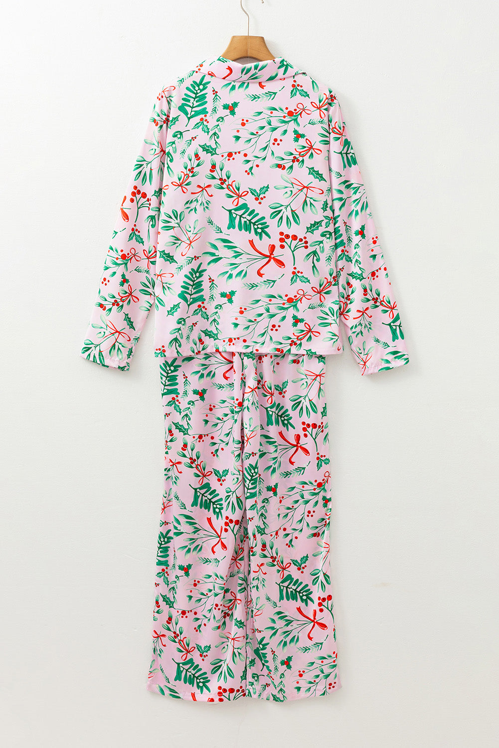 Plant Christmas Berries Print Satin Long-Sleeved Pajama Set