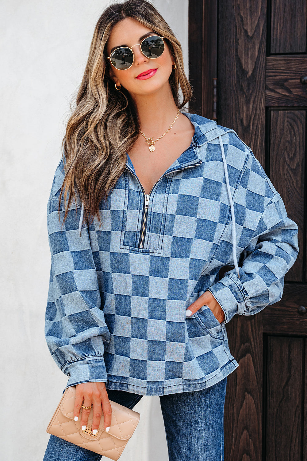 Neck Checkerboard Zip Kangaroo Pocket Denim Hoodie