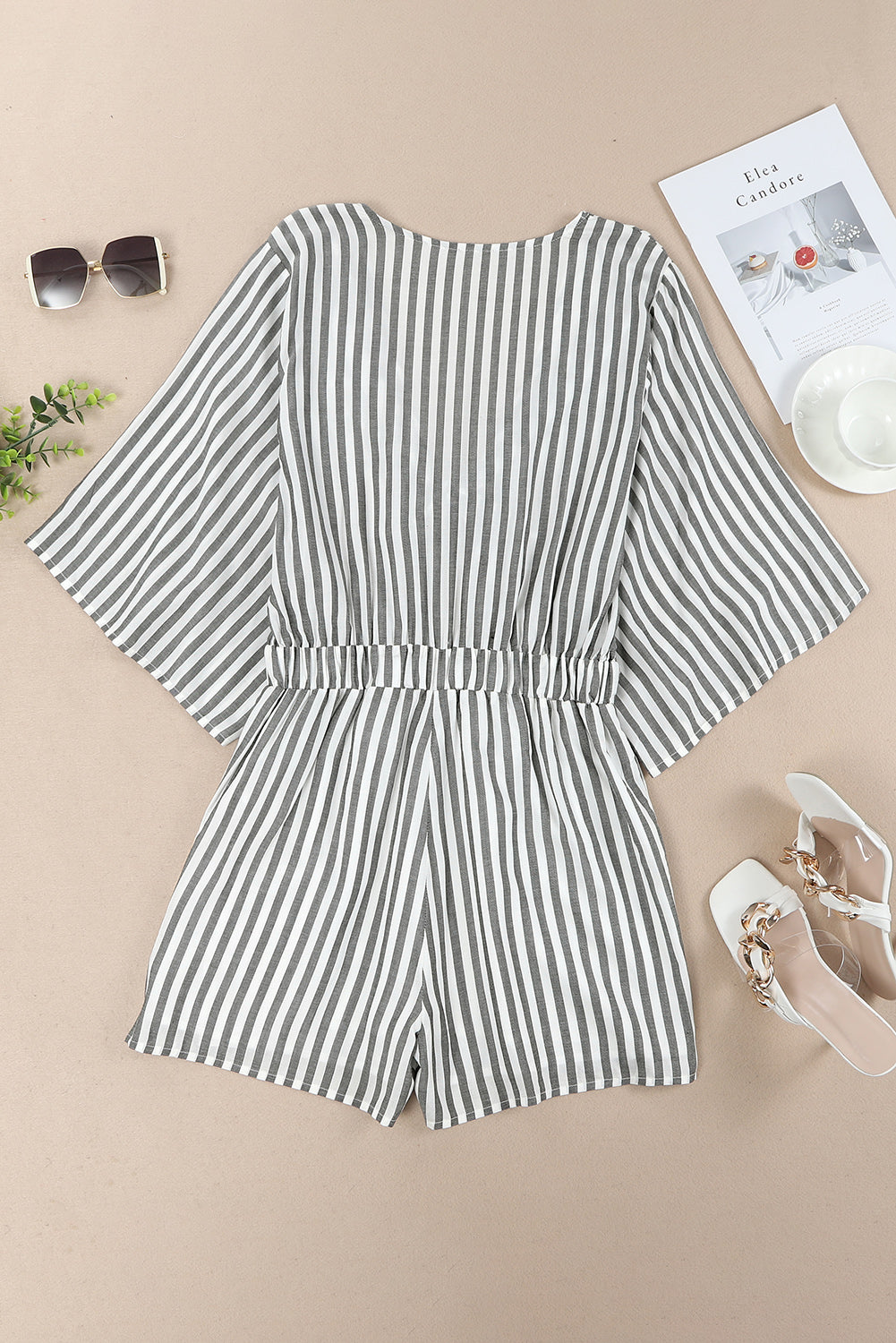 Women's Romper Featuring Kimono Sleeves Tie Front Striped