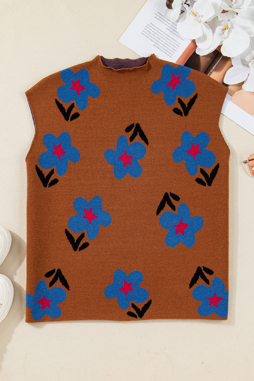 Floral Knit High Neck Top Vest