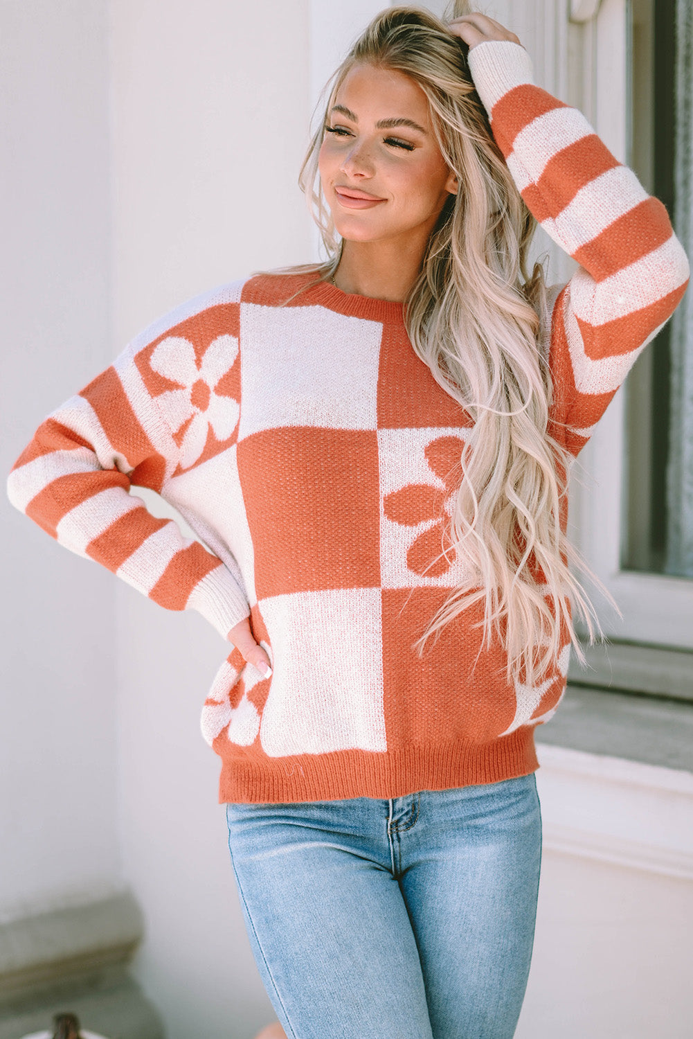 Women's Sweater Featuring Checked Floral-Print Print Striped