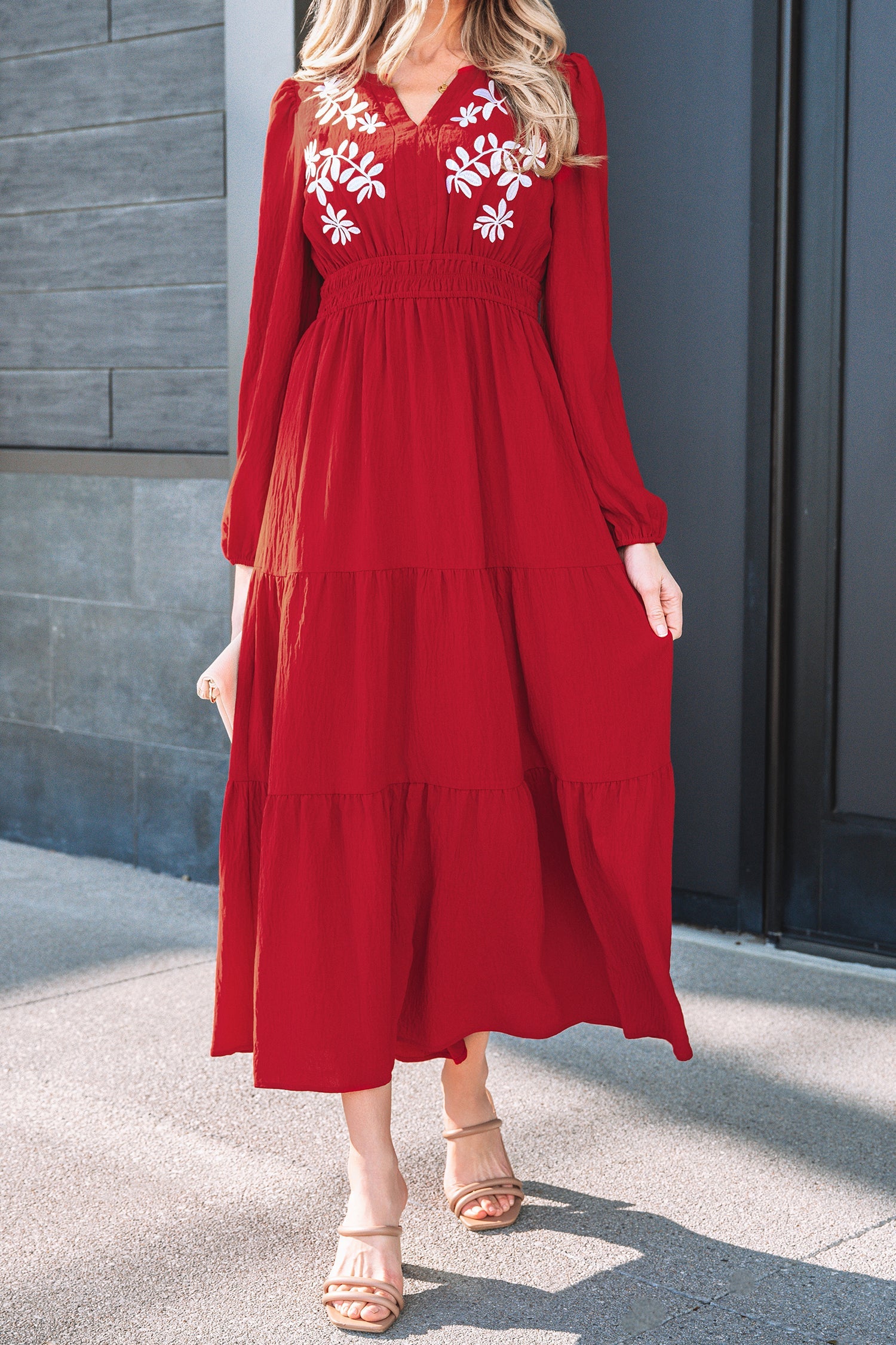 Detail Cinched Embroidered Cinched Waist Tiered Long-Sleeved Maxi Dress in Red