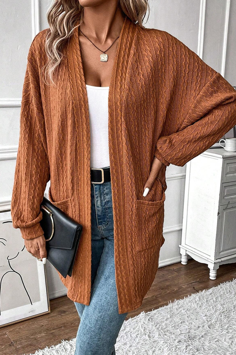 Knit Side Textured Side Pockets Open-Front Cardigan in Chestnut