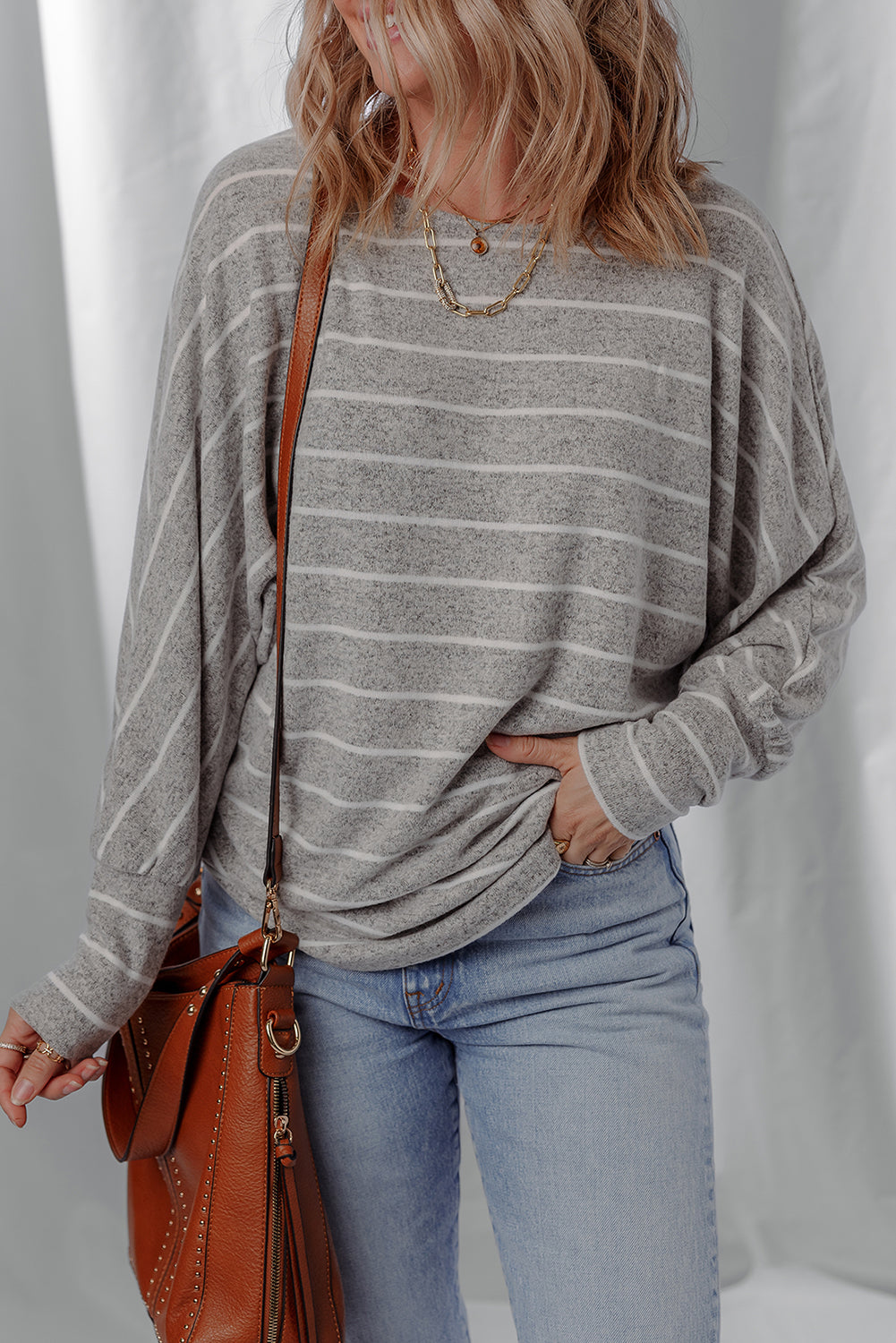 Dolman Sleeve Stripe Sleeve Cotton Top in Gray