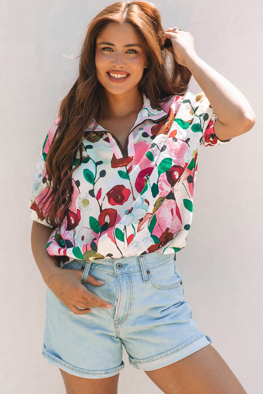 Floral Print Slit V Neck Short Sleeve Blouse
