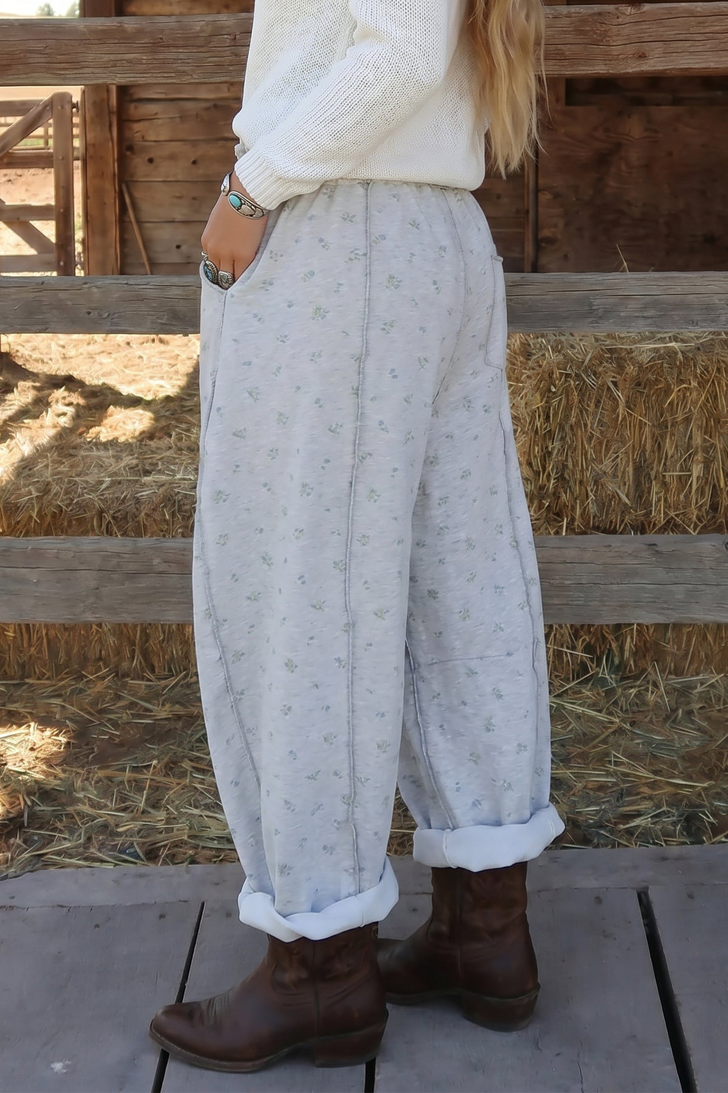 Floral-Print Timeless Elastic Waist Fit Pants in Gray