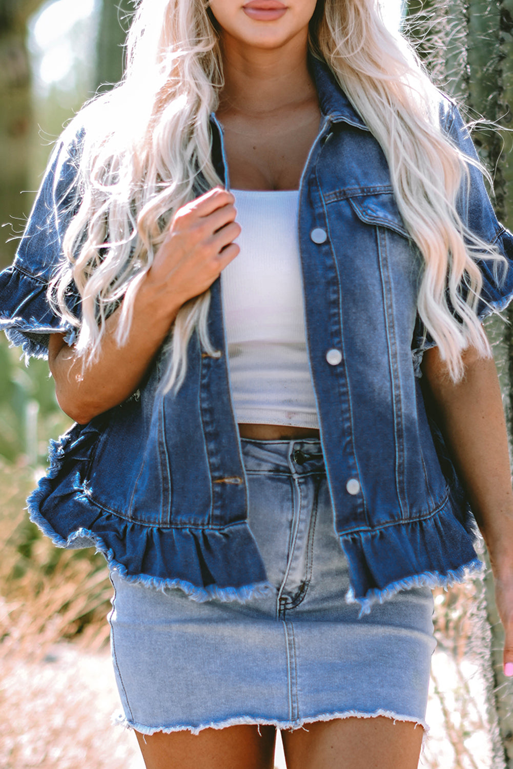 Raw Edge Ruffle-Trimmed Short-Sleeve Denim Jacket
