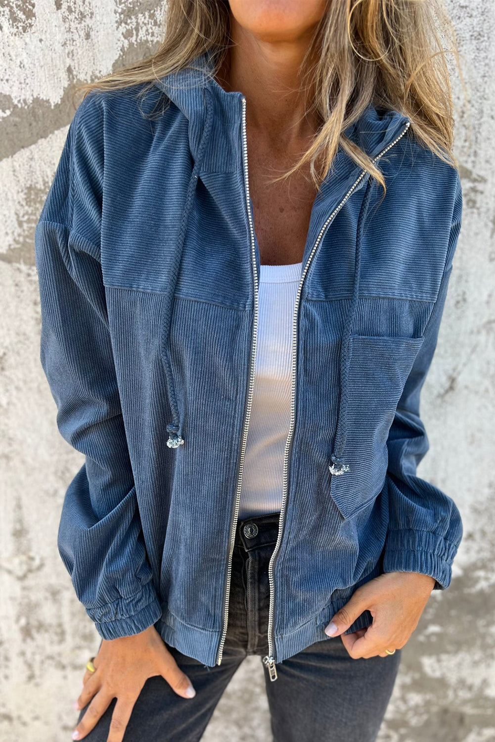 Hooded Corduroy Drawcord Pocket Zip-Front Jacket in Real Teal