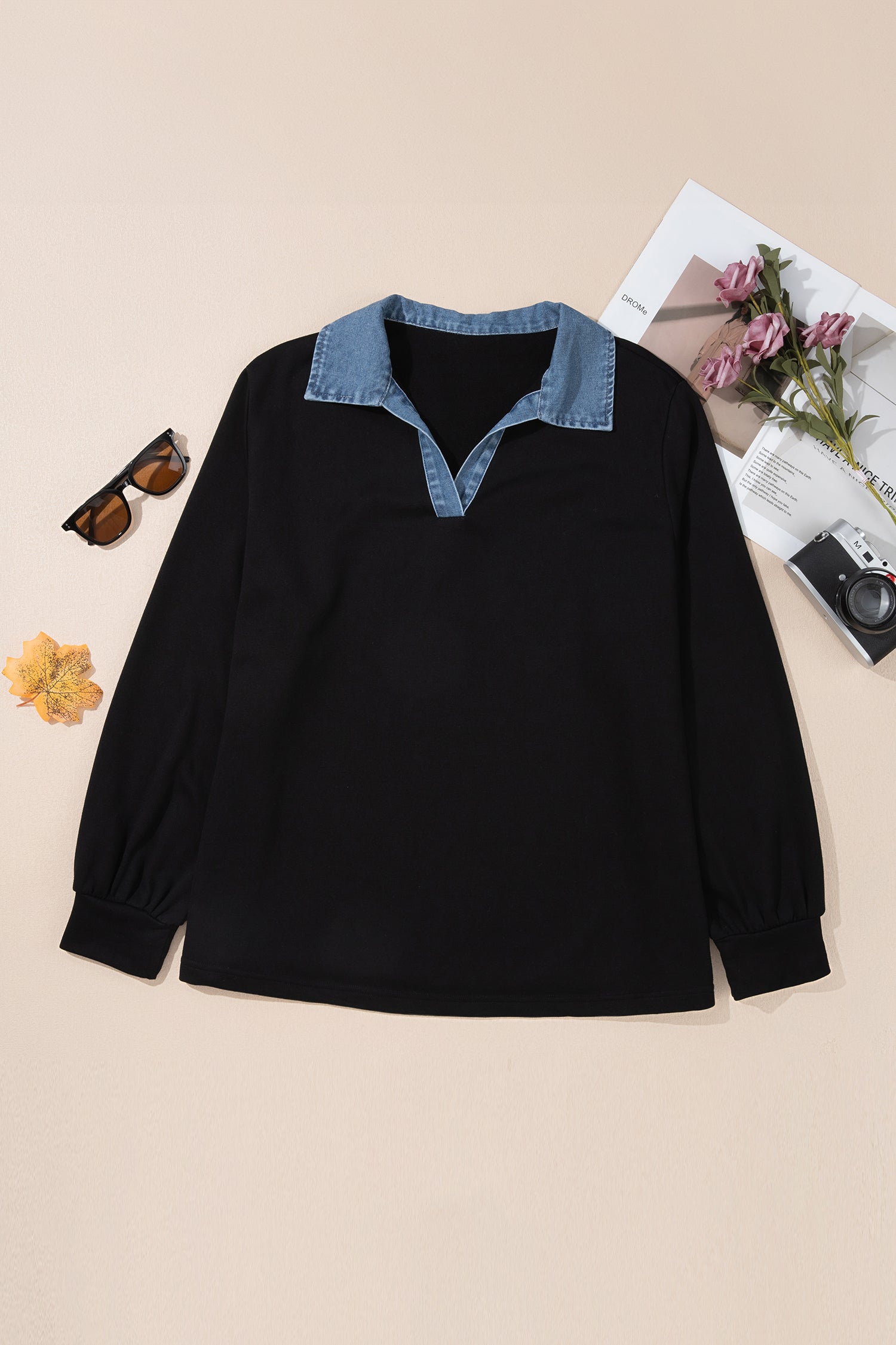 Solid V-Neck Tunic Shift Long-Sleeved Plus Size Blouse in Black