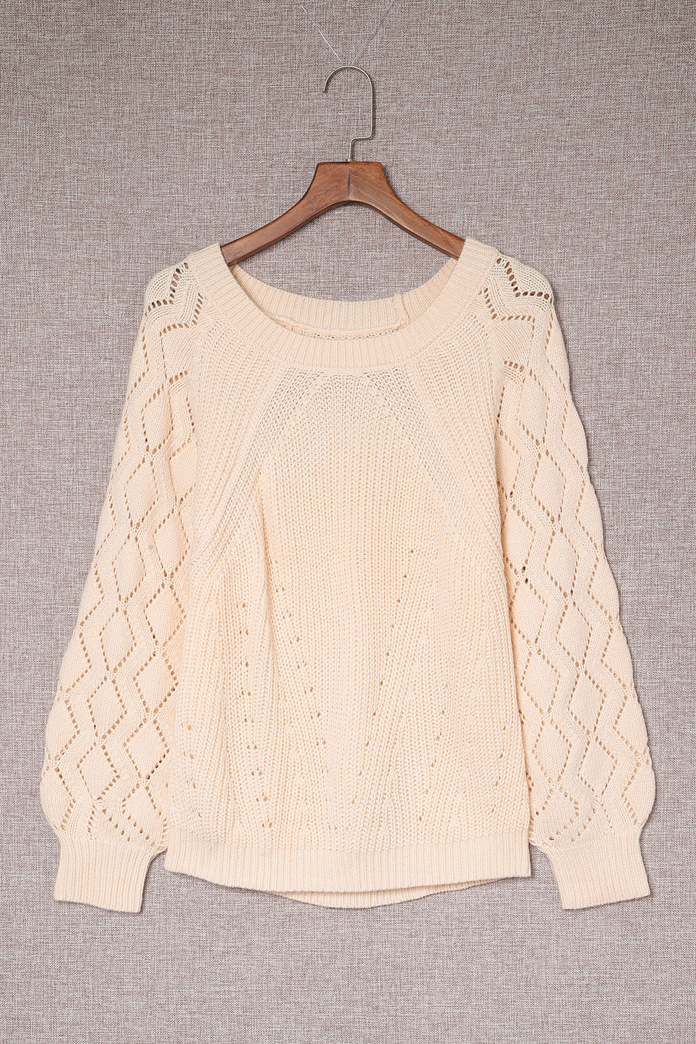 Hollow-out Polished Beige Puffy Sleeve Knit Knit Top