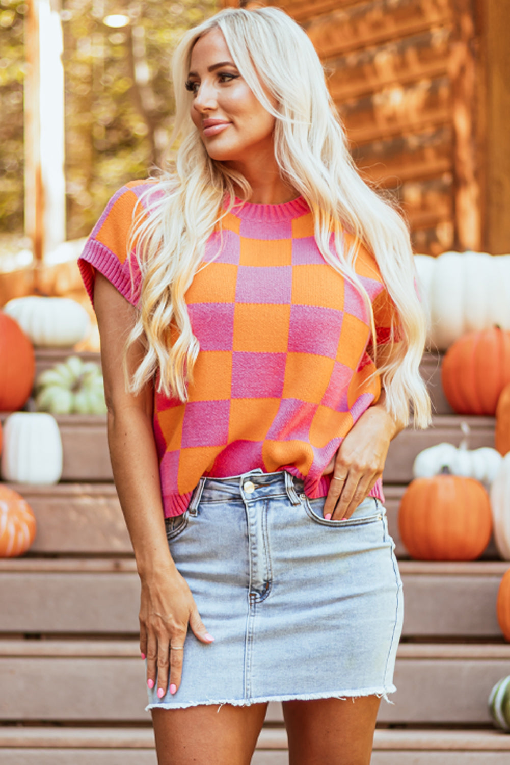 Pattern Colorblock Plaid Rib-Knit Trim Knit Top Tank Top