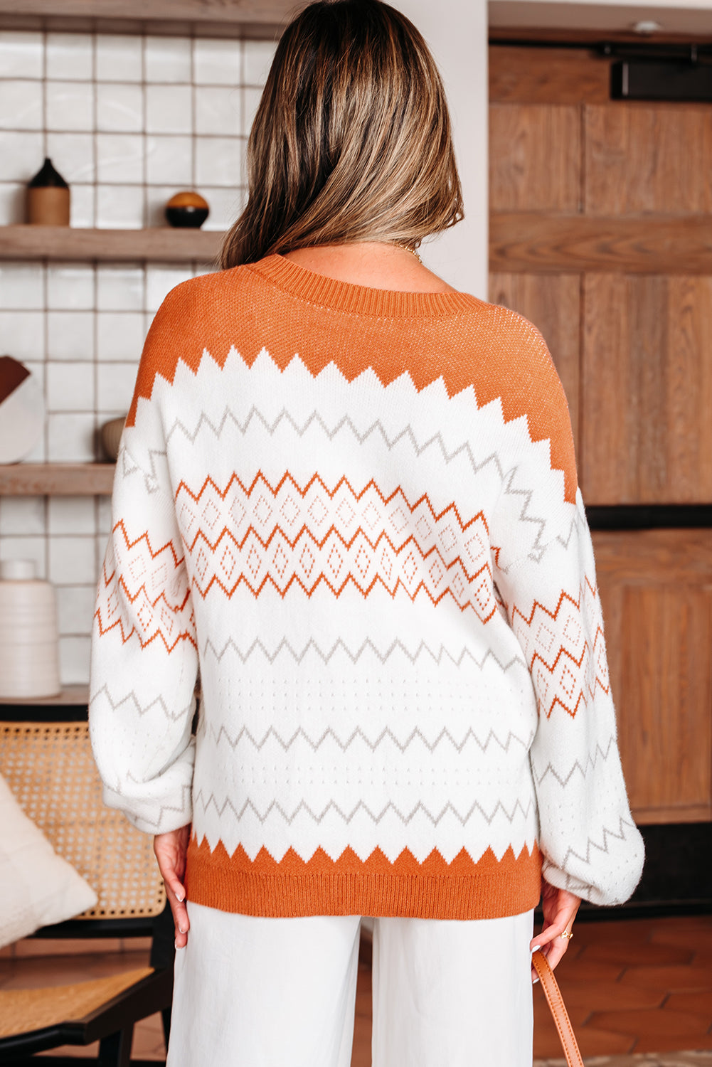 Zigzag Geometric Pattern Knit Pullover Knit Top