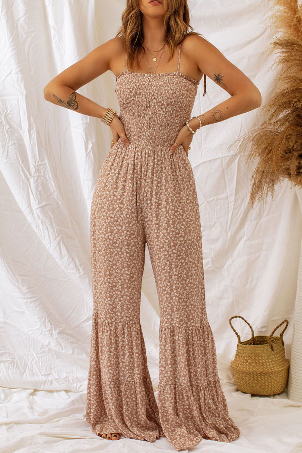 Women's Jumpsuit Featuring Thin Straps Shirred Bodice Wide-Leg Floral-Print