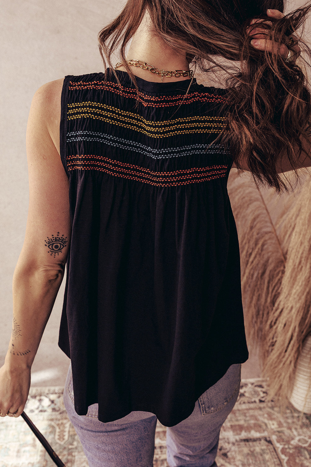 Shirred Yoke Colorful Yoke Notched V-Neck Tank Top