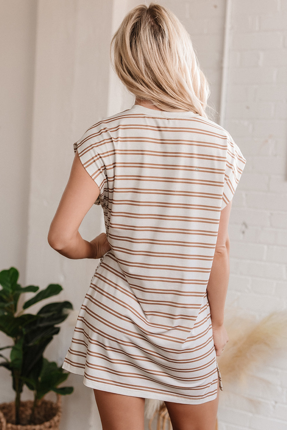 Khaki Stripe Sleeveless Casual T Shirt Dress