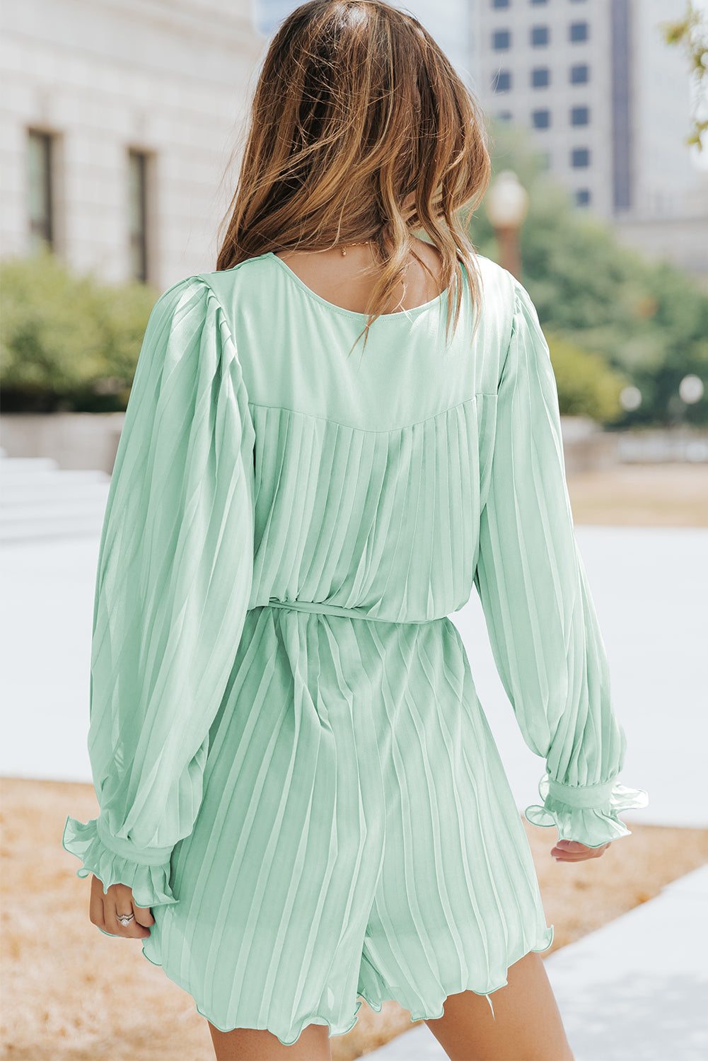 Women's Romper Featuring Buttons V Neck Ruffle-Trimmed Tie Waist