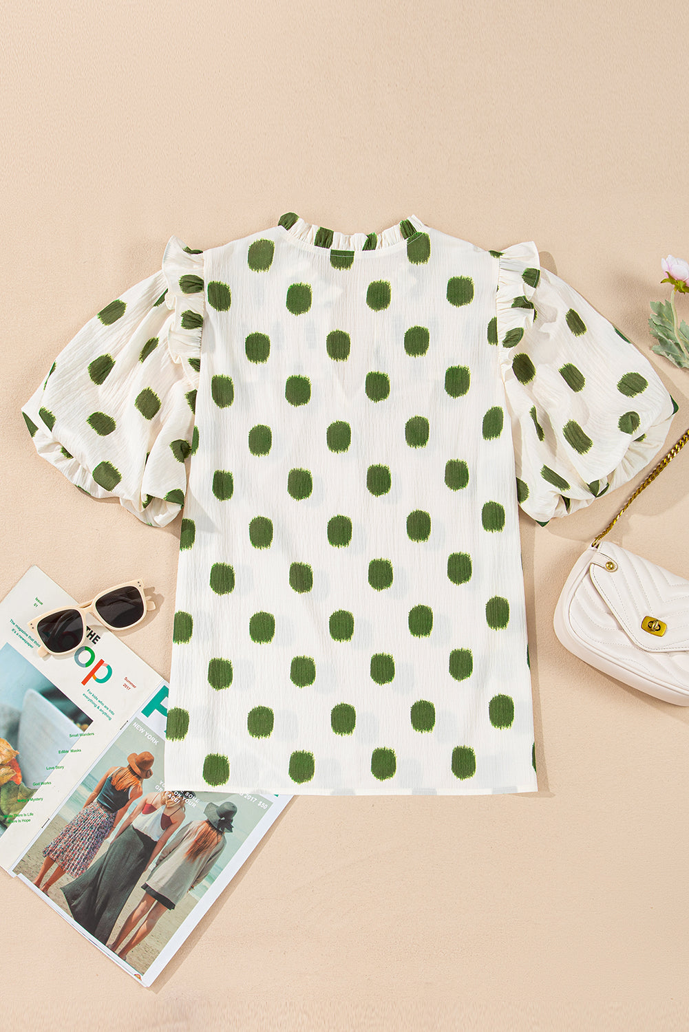 Polka Dot Print Shirred Yoke Notched Neck Balloon Sleeve Blouse