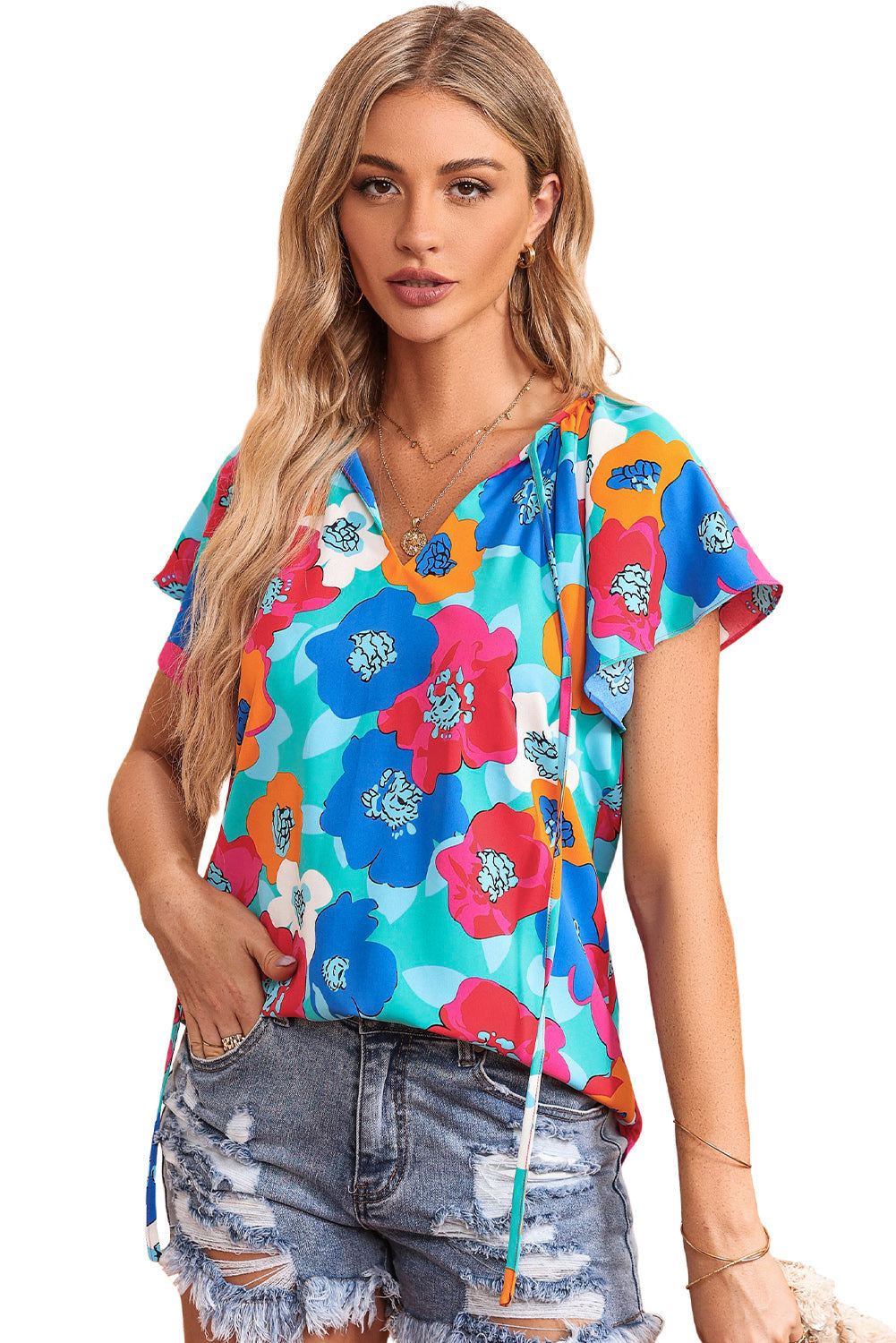 Women's Blouse Featuring Short-Sleeve Floral-Print Print V Neck