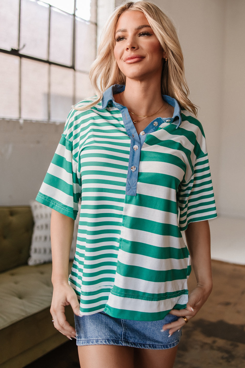 Green Stripe Collar Half Buttons T Shirt