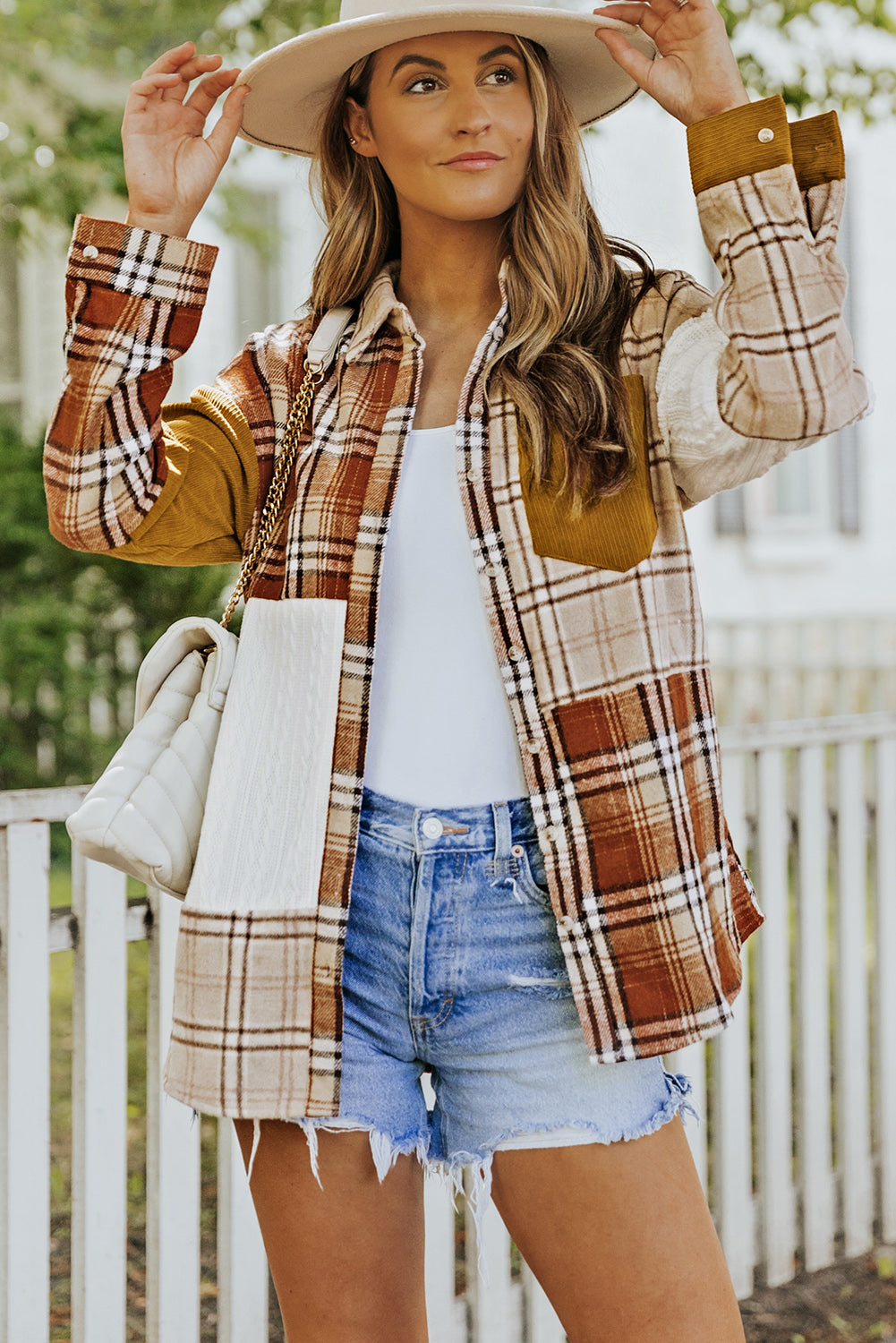 Veste chemise patchwork orange à carreaux color block avec poche