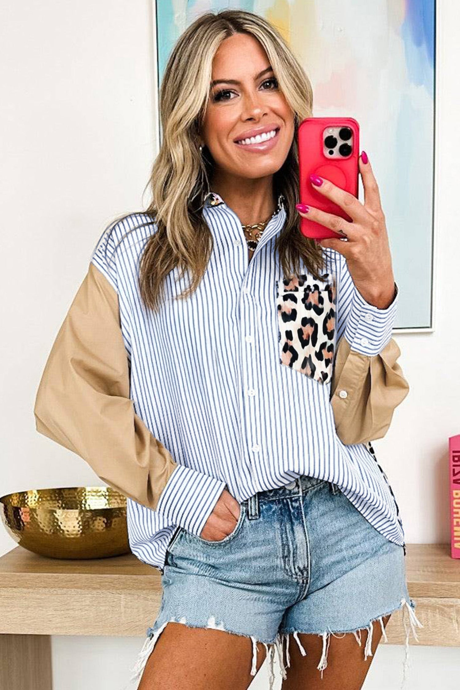 Patchwork Colorblock Leopard Chest Pocket Cuffed Sleeve Shirt