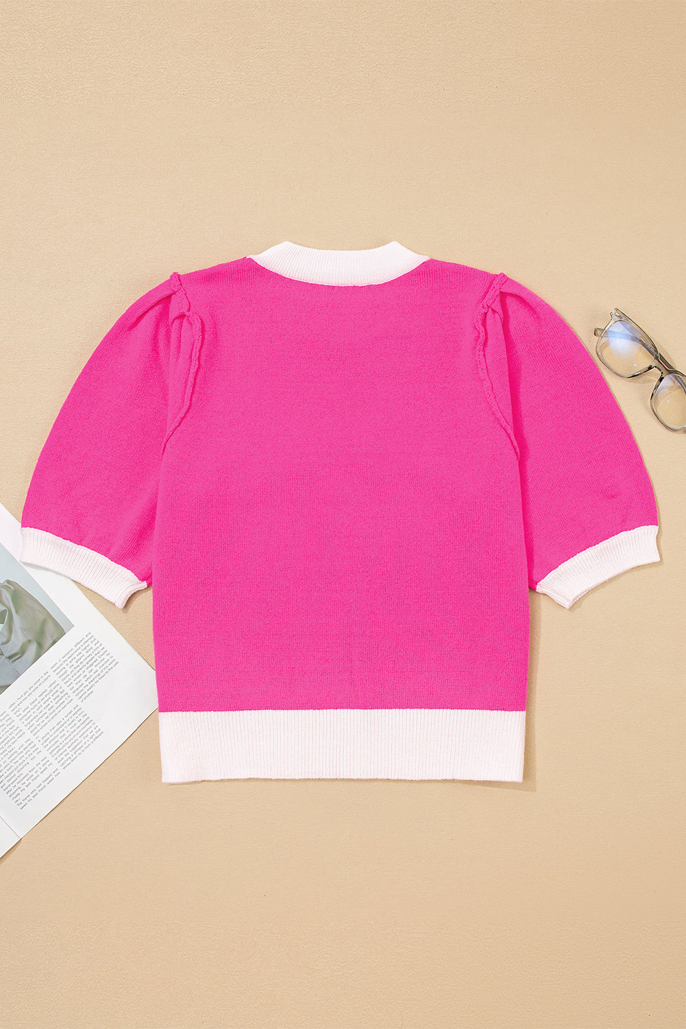 Graphic XOXO Embroidered Valentines Contrast Trim Crew-Neck Short Puff Sleeve Knit Top Tee