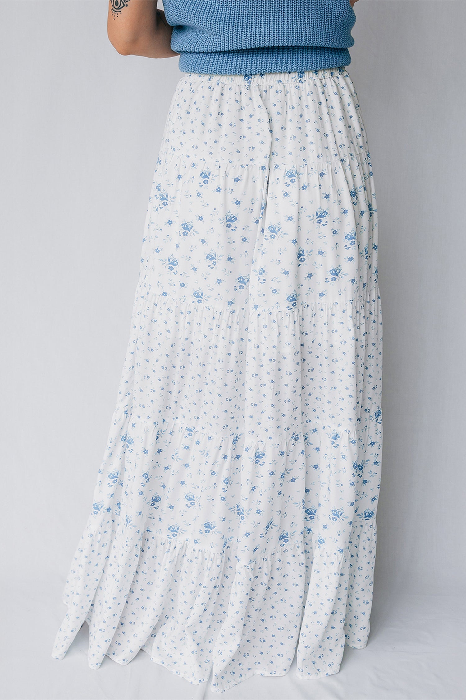 Blue Polished Sky High-Waisted Tiny Floral-Print Boho Maxi Skirt