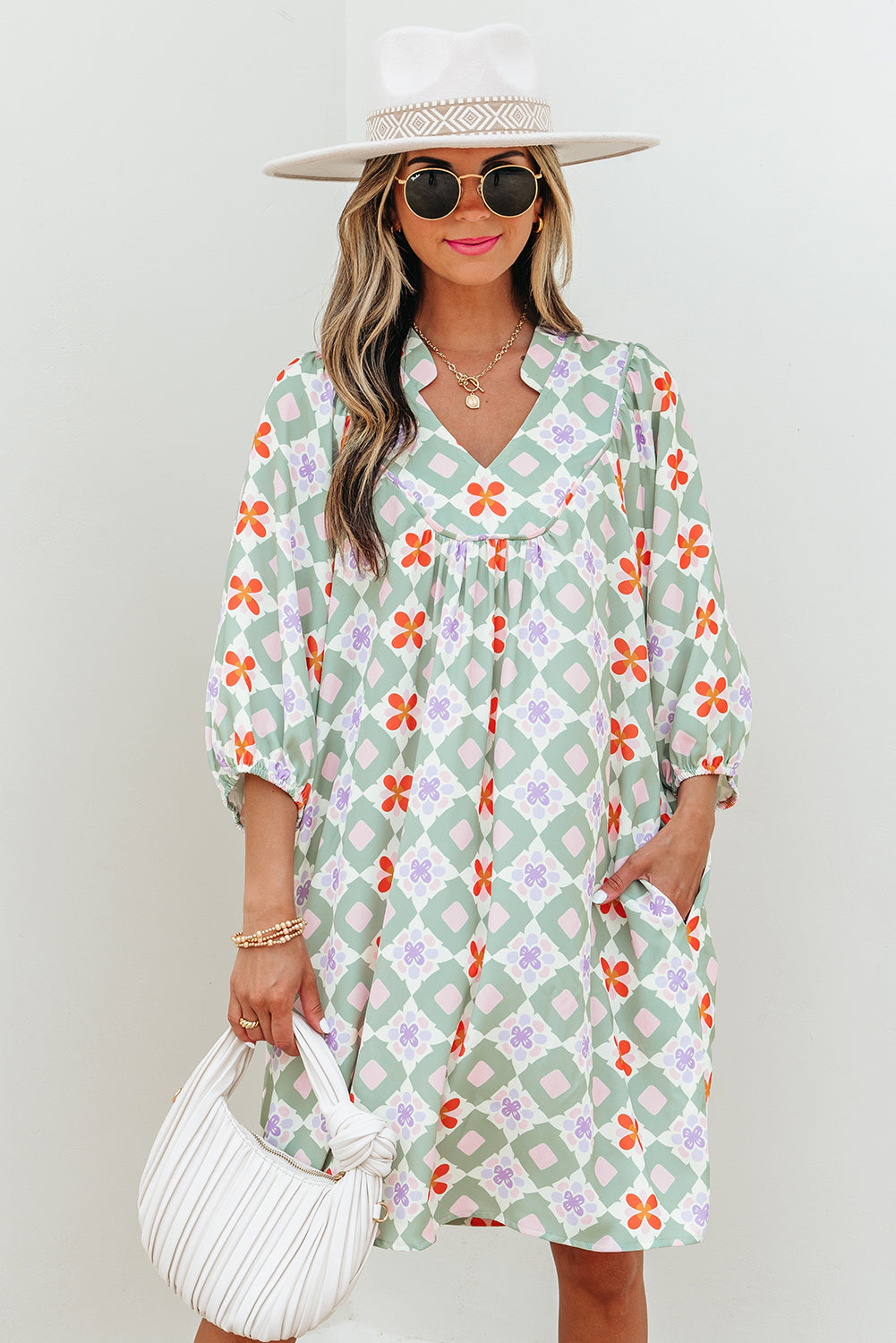 Geometric Floral Print 3/4 Sleeve Notched Neck Mini Dress