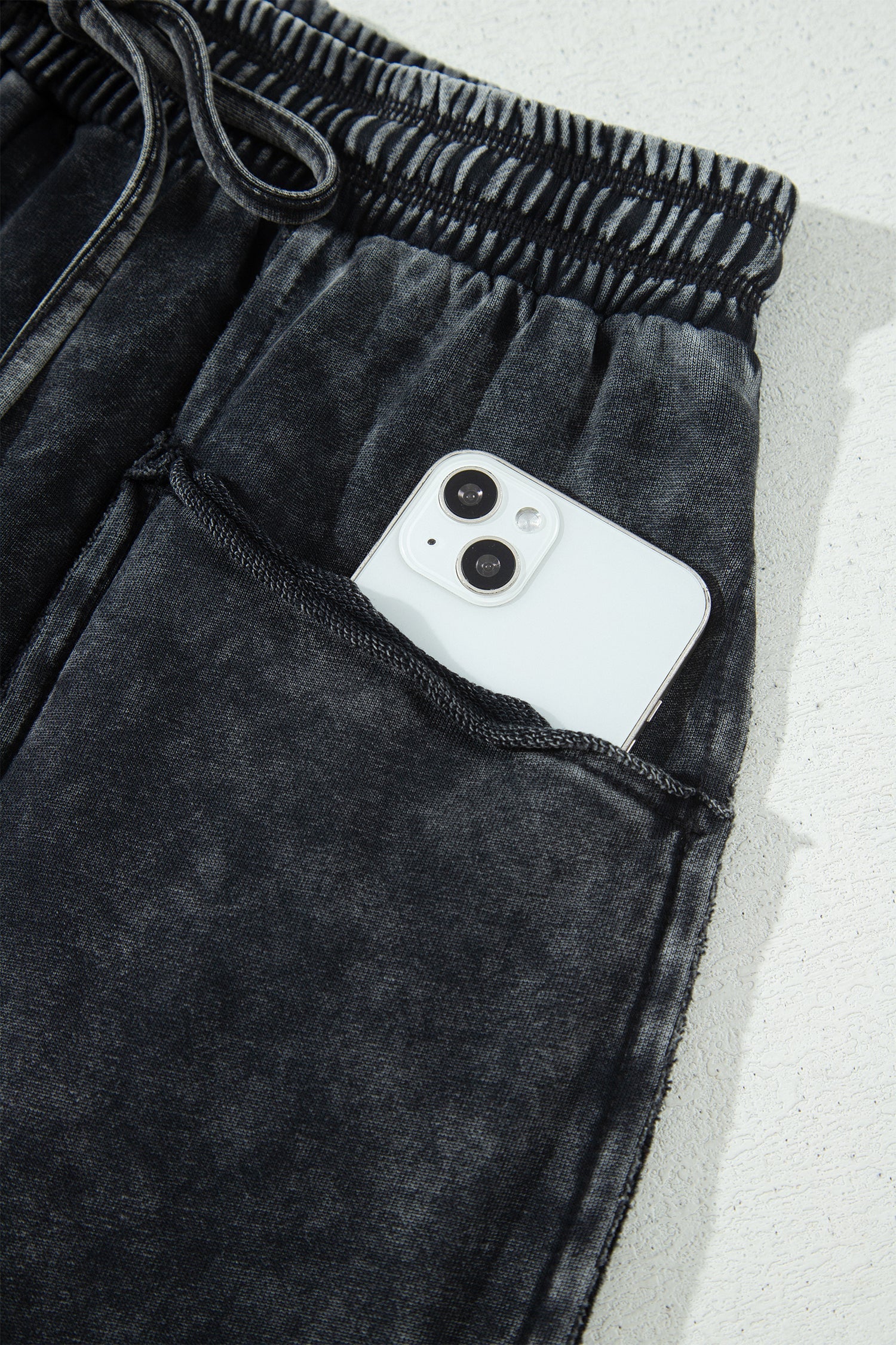Raw Seam Drawcord Elastic Waist Barrel Pants in Black