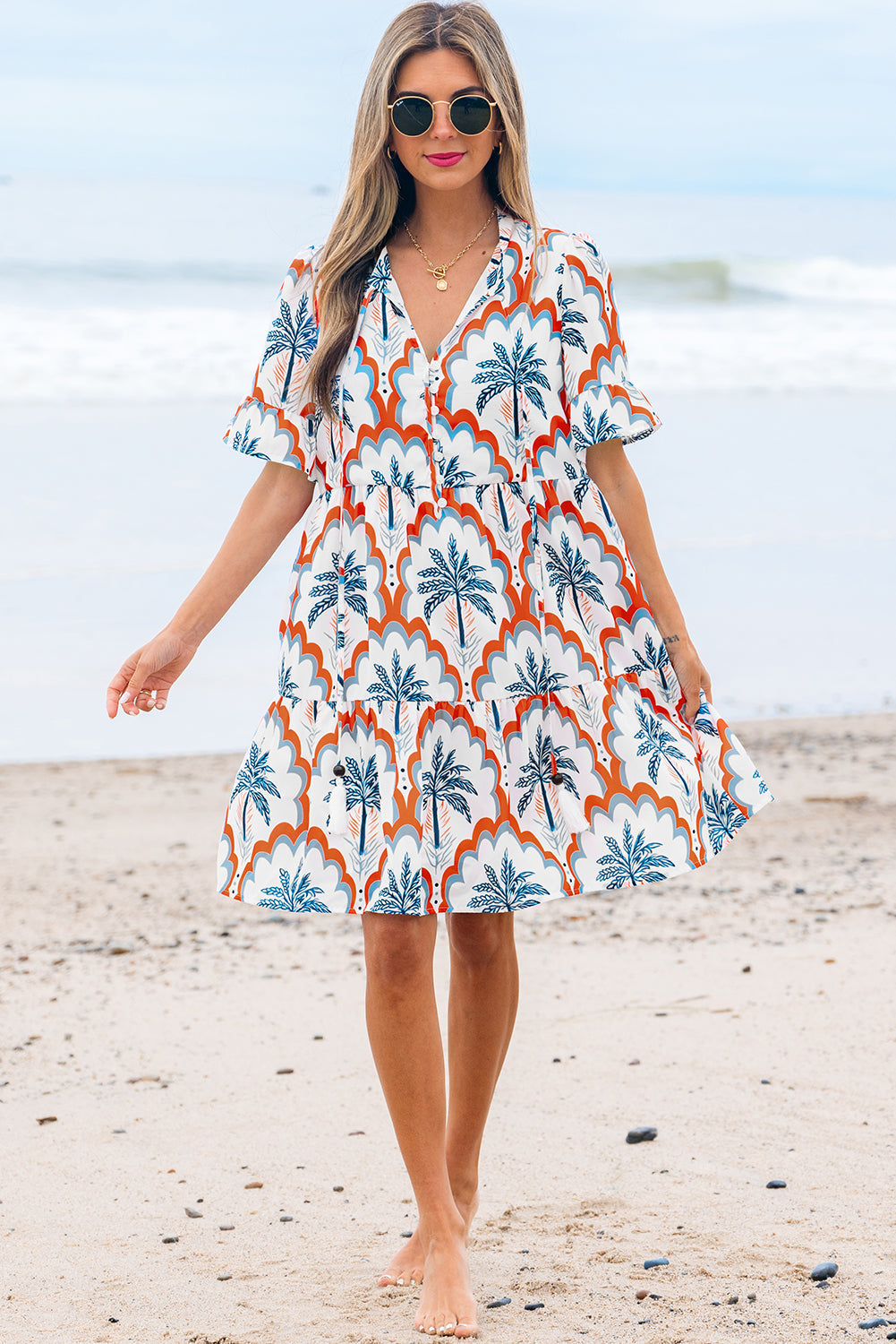 Contrast Palm Tree Printed Short Sleeve Flowy Dress