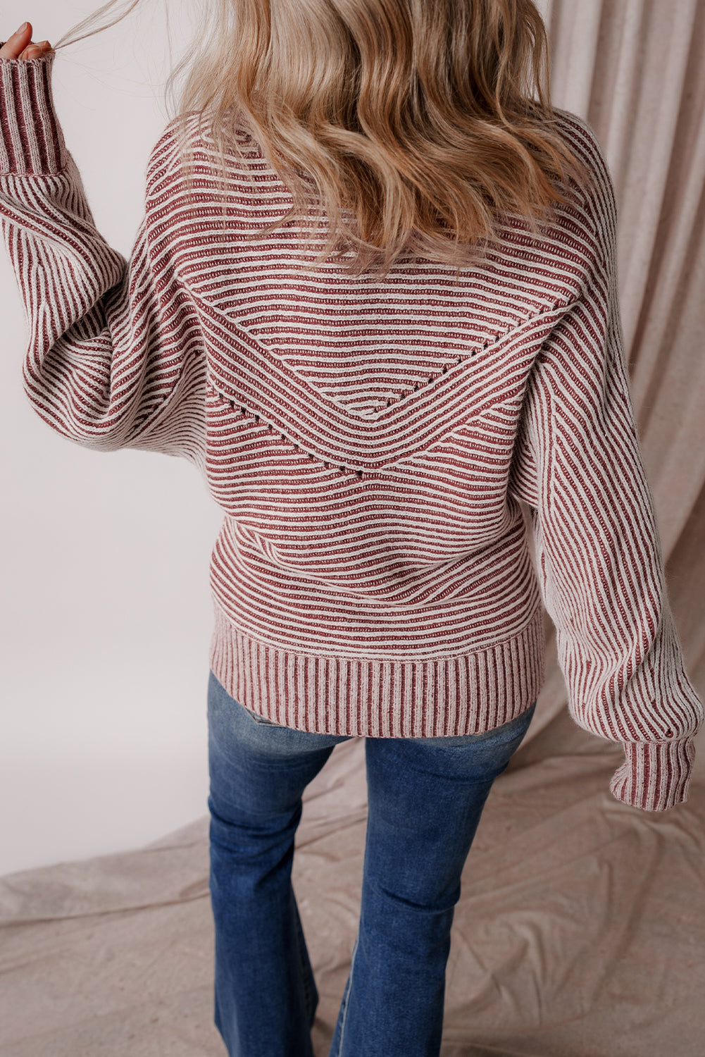 Rib-Knit Striped Print Knit Boat Neck Baggy Knit Top