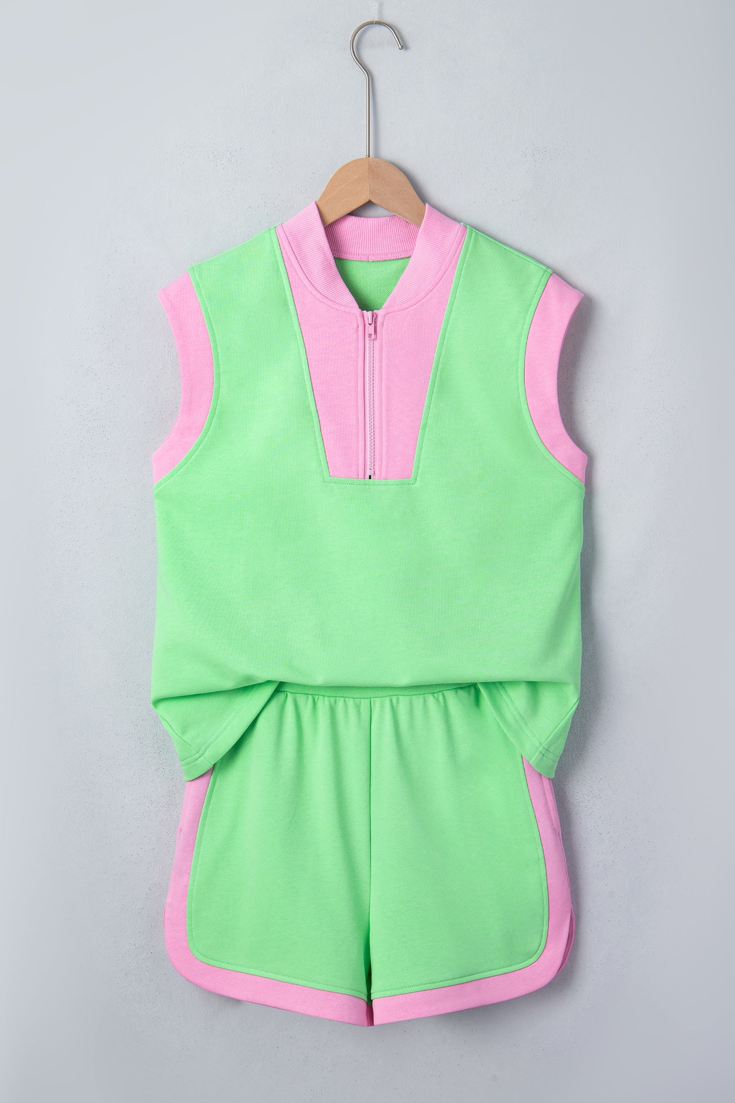 Colorblock Zip Accent Half Top Athleisure Shorts Set in Green