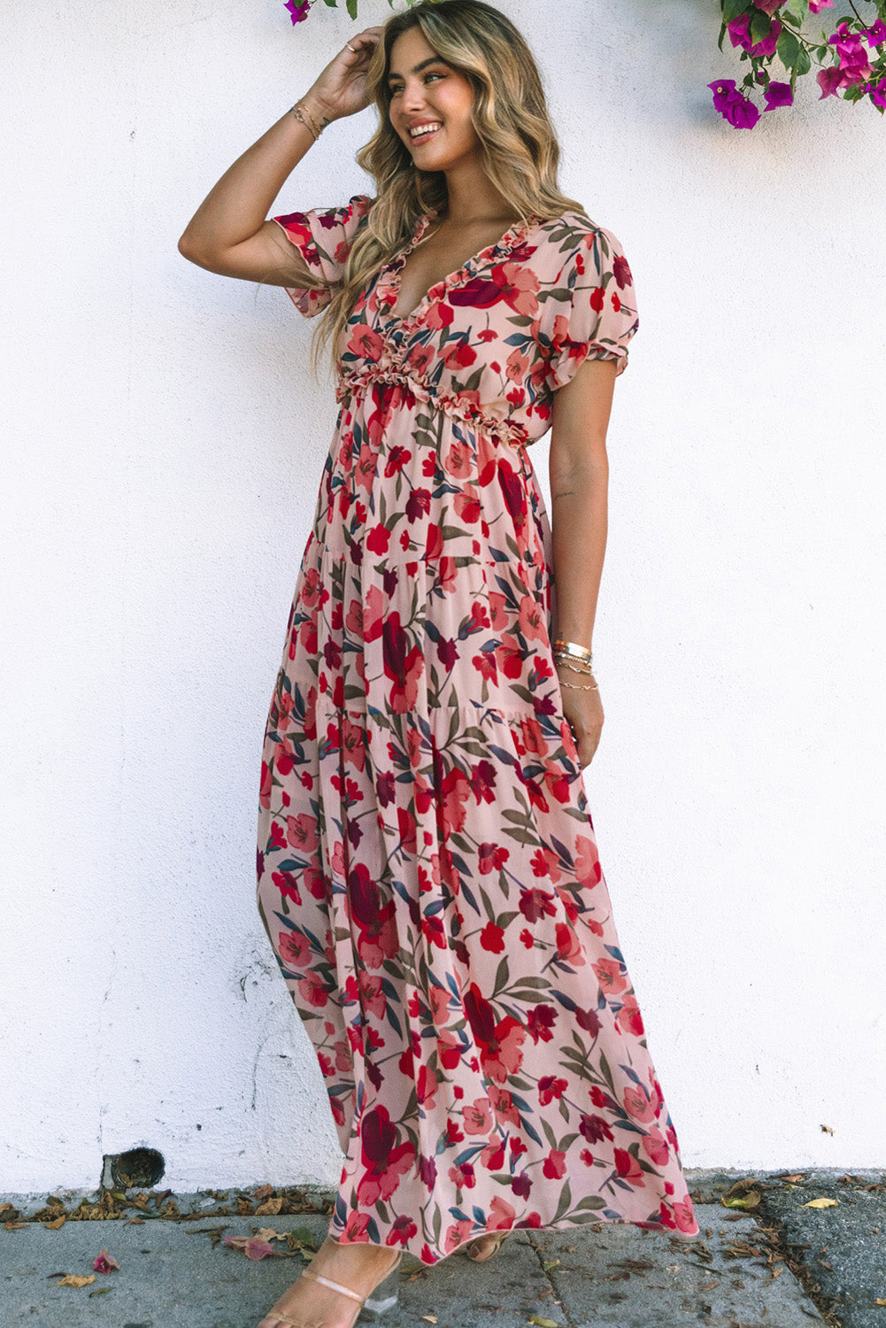 V-Neck Floral-Print Frilled Short-Sleeved Maxi Dress in Red
