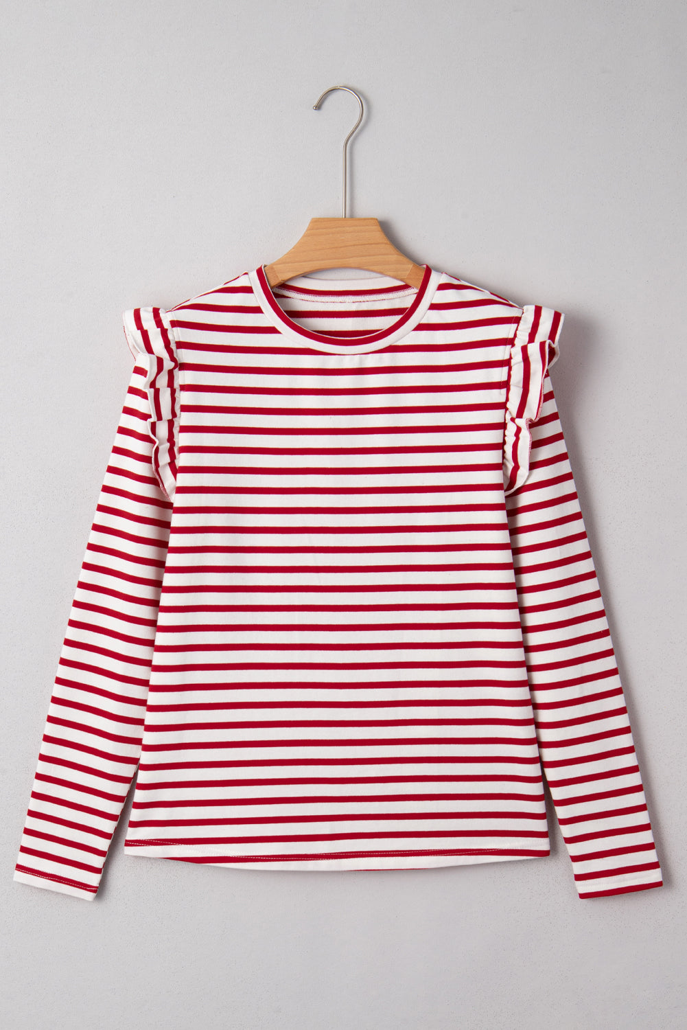 Ruffle Stripe Round-Neck Trim Long-Sleeved Top in Red