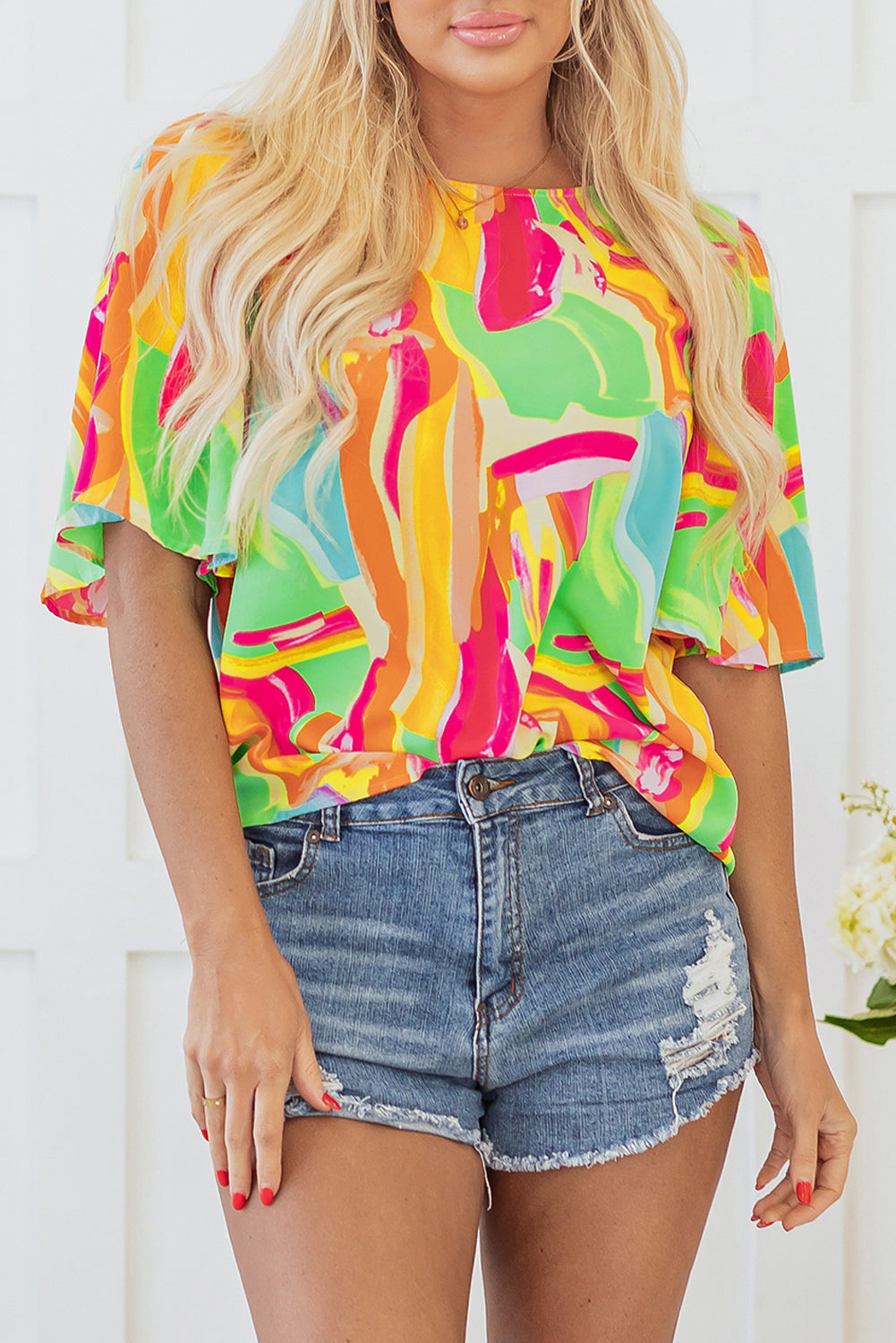 Abstract Print Keyhole Back Pleated Blouse