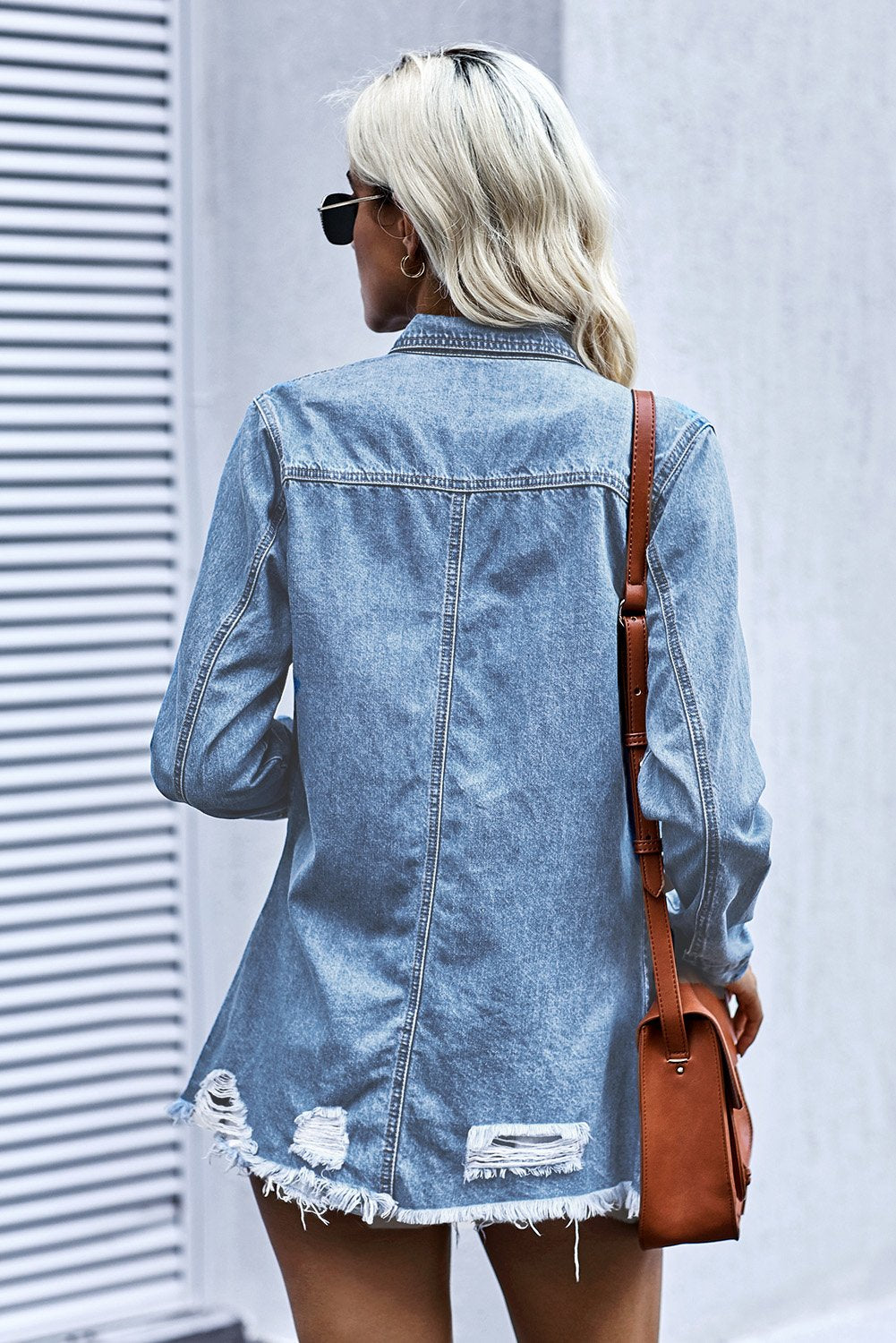 Women's Denim Jacket Featuring Women's Shirt Collar Ripped