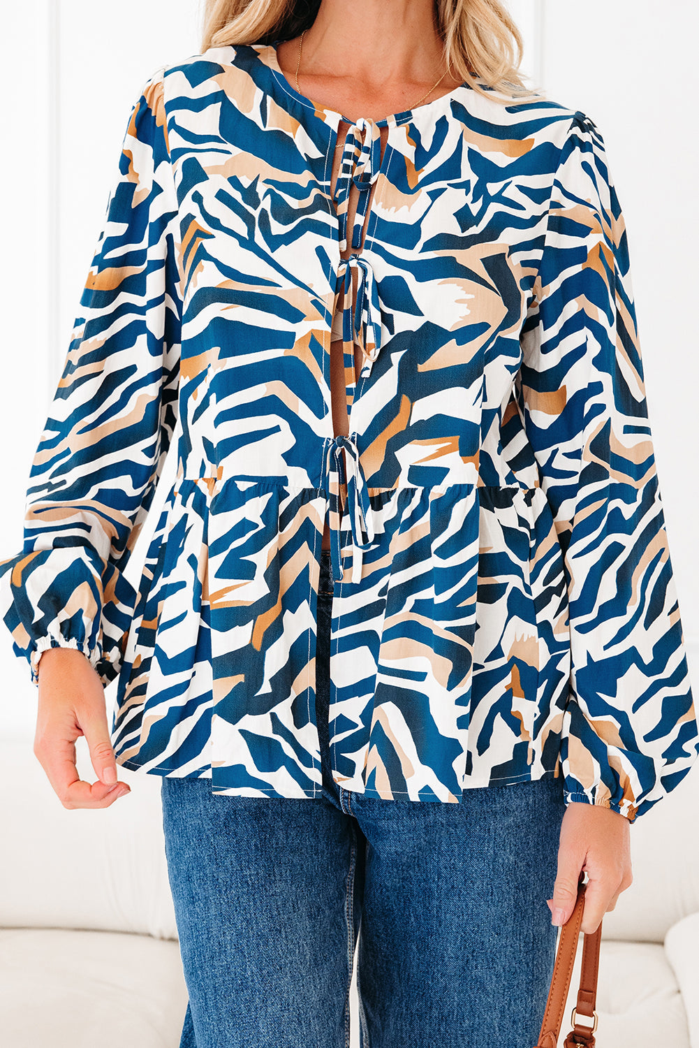Zebra Print Tied Front Puff Sleeve Top