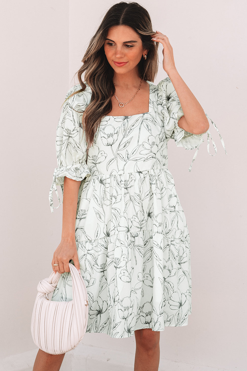 Floral Print Square Neck Shirred Back Mini Dress
