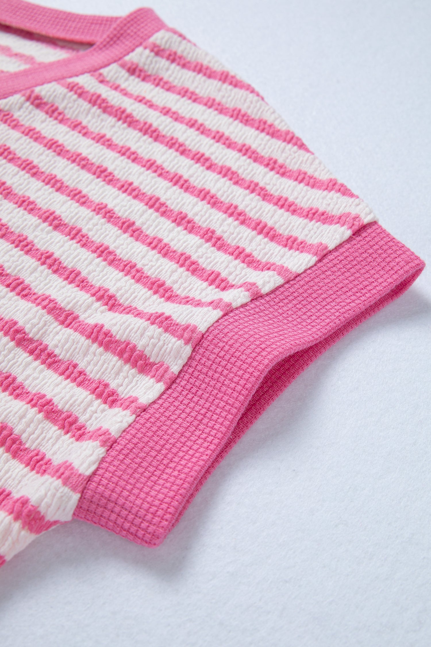 Cute Knit Pink Textured Contrast Trim Short-Sleeved Top