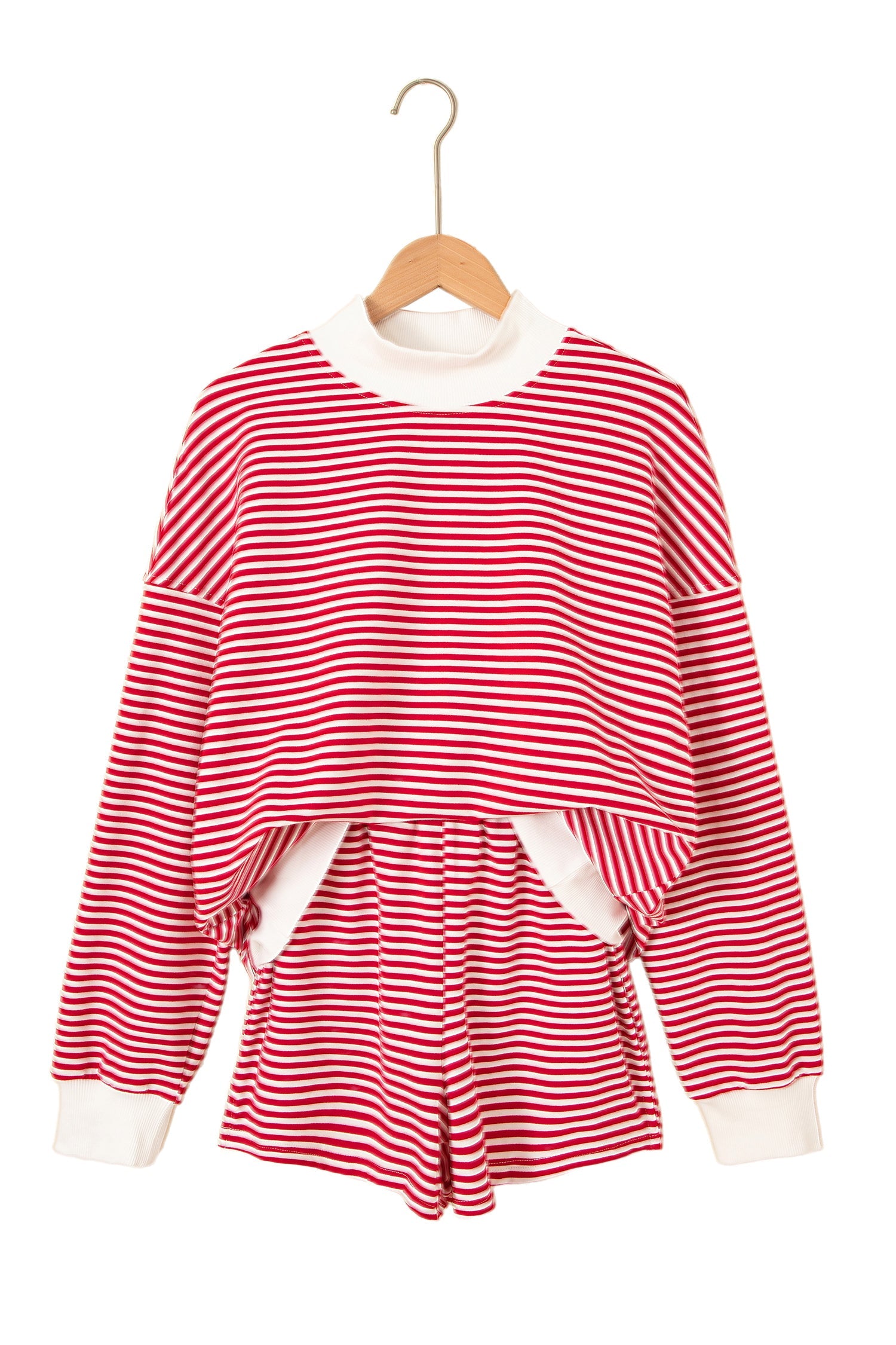 Stripe Sweatshirt Oversize Mock-Neck and Shorts Set in Red