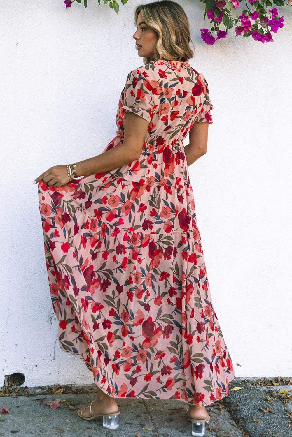 V-Neck Floral-Print Frilled Short-Sleeved Maxi Dress in Red