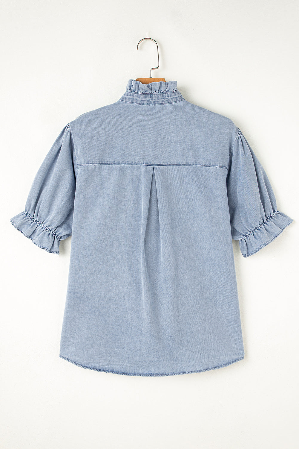 Ruffle Short Puff Sleeve Summer Chambray Shirt