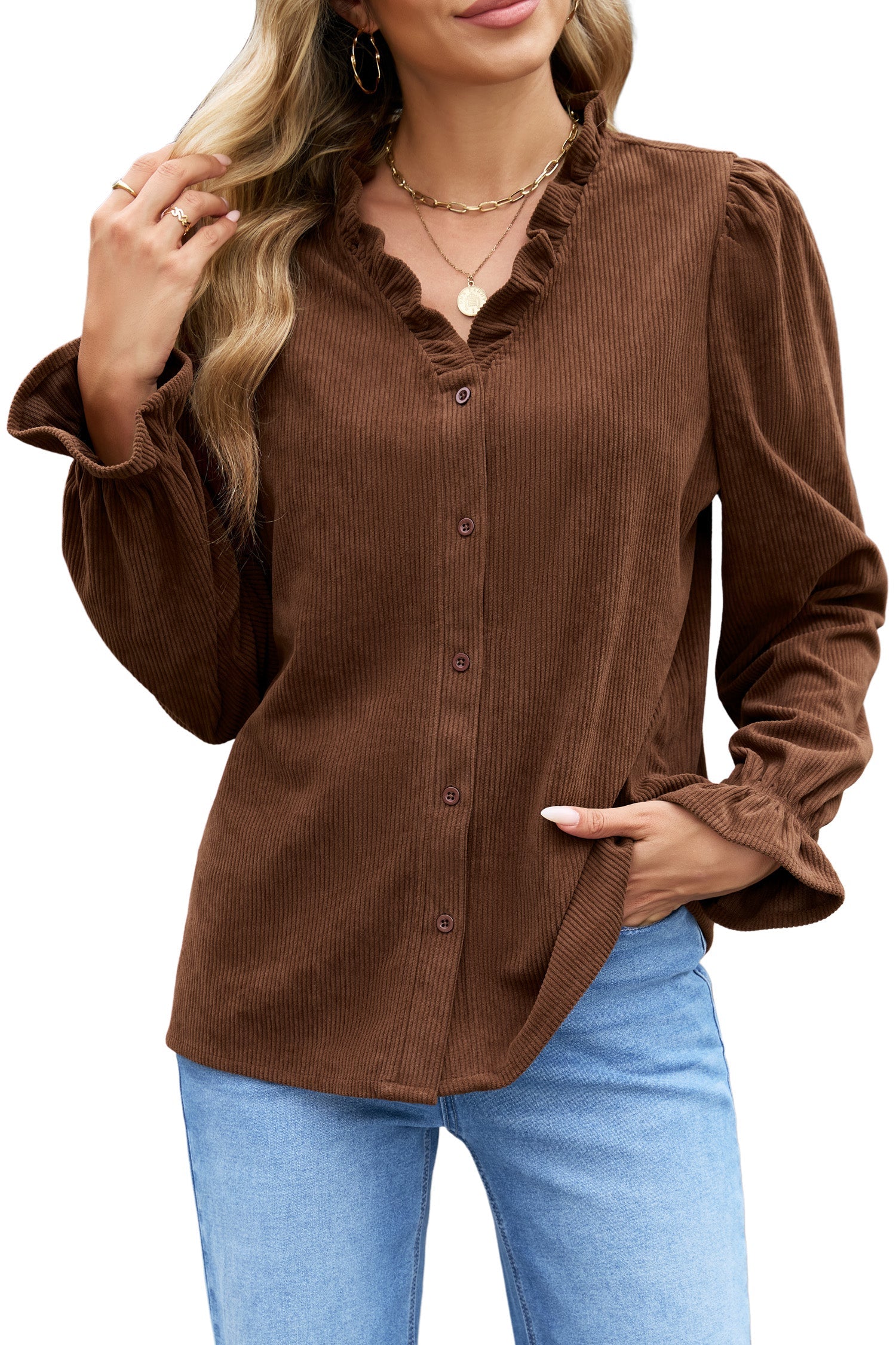 Long-Sleeved Coffee Solid Button Corduroy Shakcet