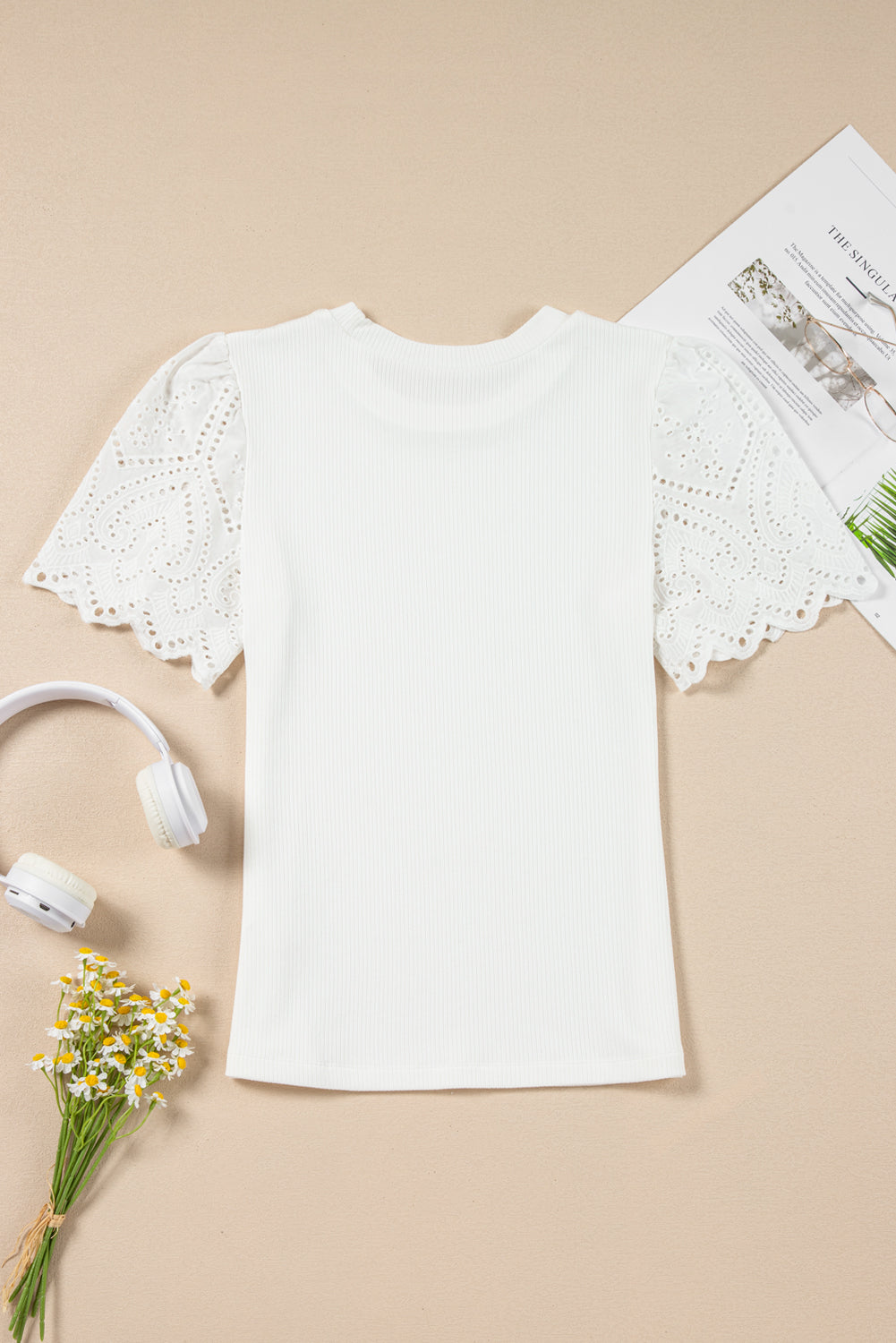 White Eyelet Pattern Short Sleeve Ribbed Top