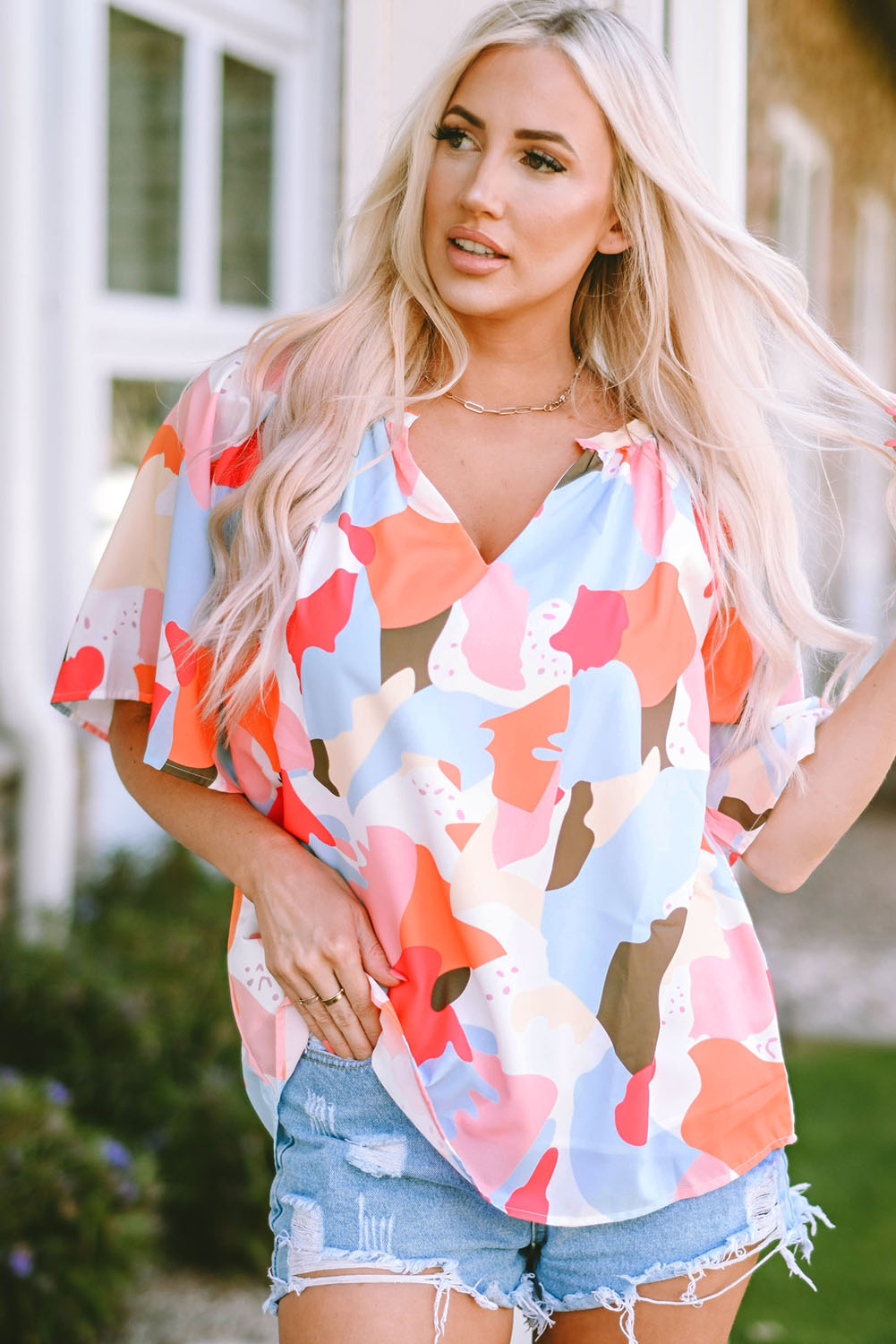 Women's Blouse Featuring V Neck Half Sleeve Floral-Print Print