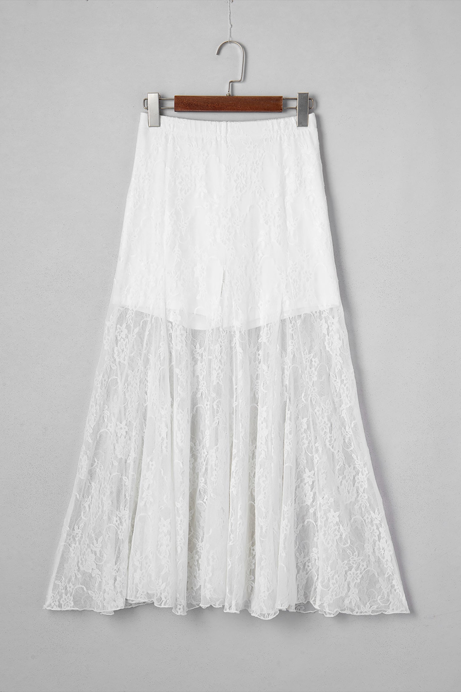 White Sheer Polished Sheer Floral Lace Flowy Maxi Skirt