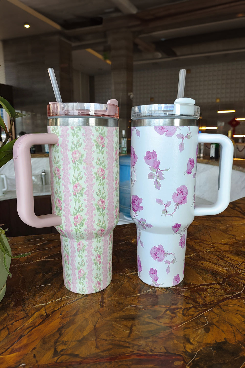 Print Large Flower Large Insulated Tumbler with Handle 40oz
